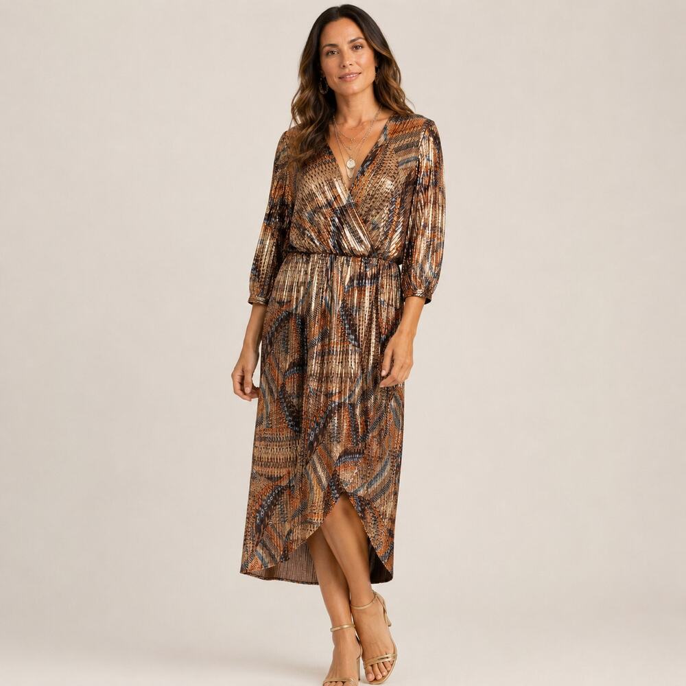 Johnny Was Jade Metallic Pleated faux wrap dress Bronze midi sz Medium